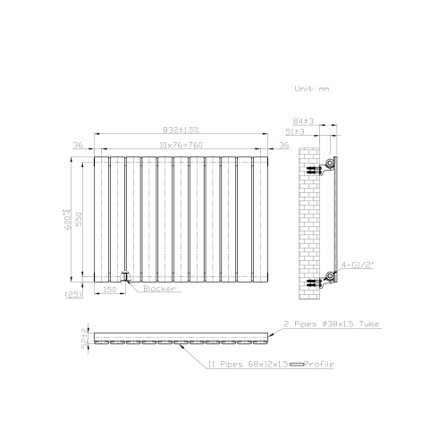 (Black) 832 x 600mm Single Panel Radiator 2
