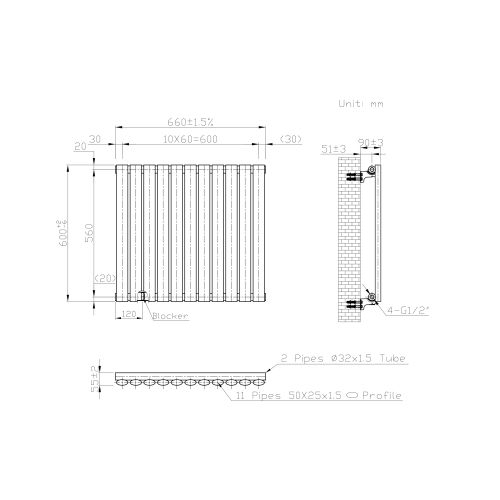 (Black) 660 x 600mm Column Radiator Single Oval Panel Radiator 2
