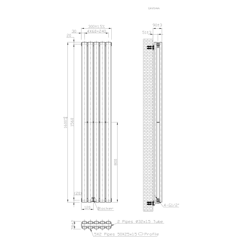 (White) 300 x 1600mm Column Radiator Double Oval Panel Radiator 2