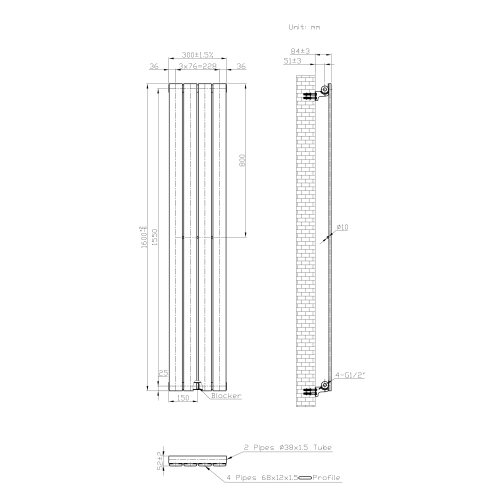 (Black) 300 x 1600mm Single Panel Radiator 2
