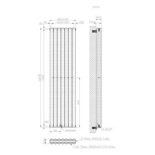 (White) 420 x 1600mm Column Radiator Single Oval Panel Radiator 2