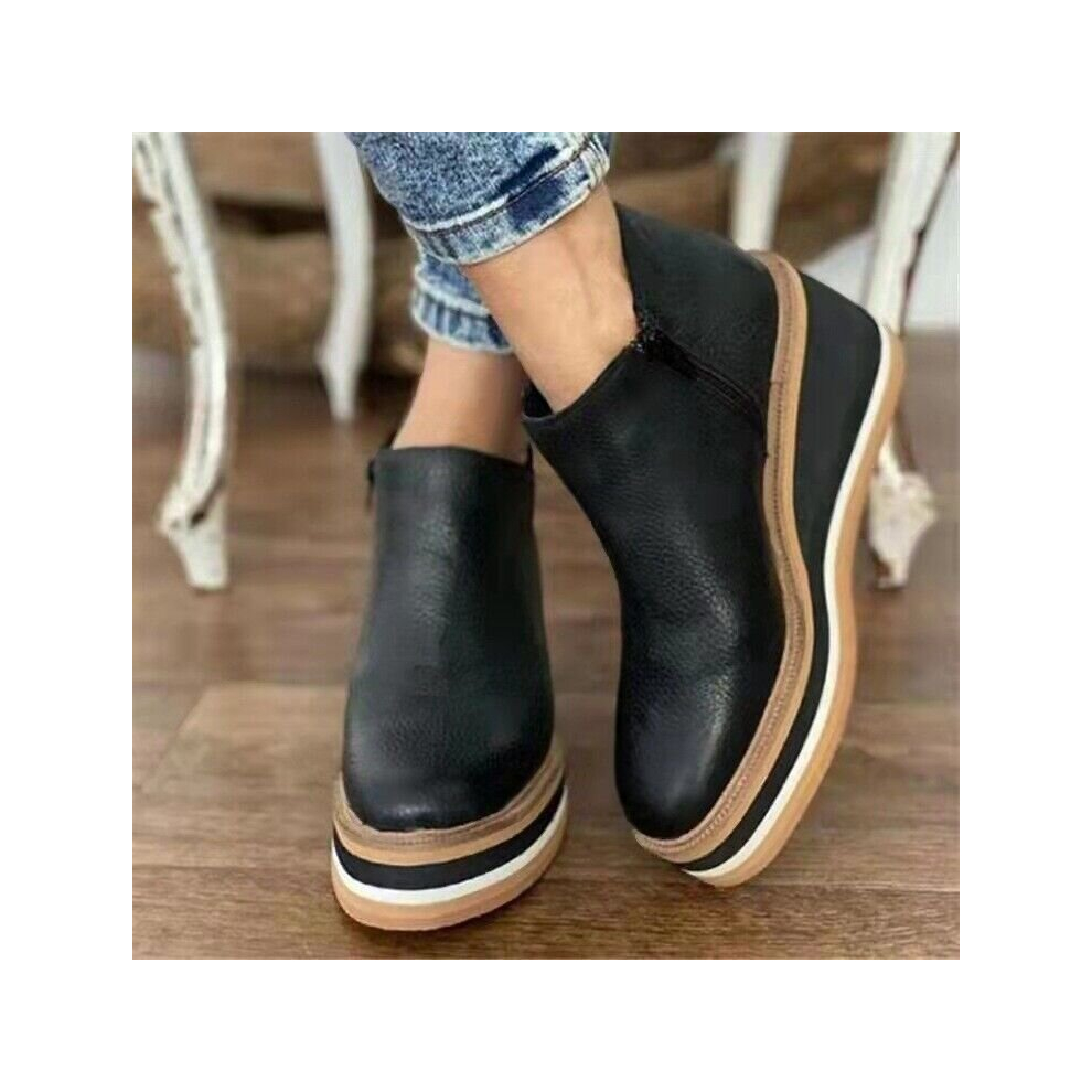 (US8 UK6 AU7.5 EUR39 24.5cm, Black) Womens Zipper Platform Wedge Heel Solid Color Leather Casual Comfort Ankle Boots