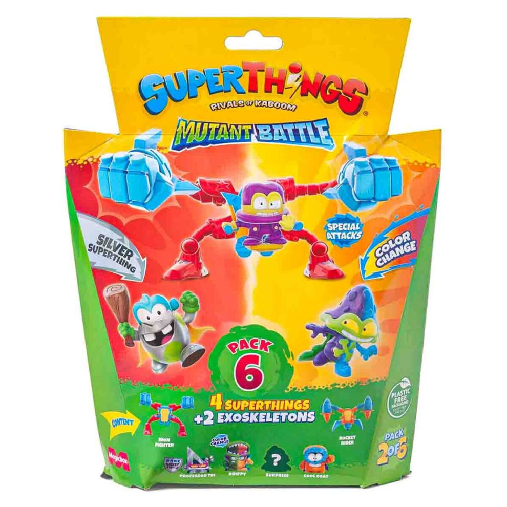 SUPERTHINGS Mutant Battle Series - Pack of 6 - Includes 4 SuperThings (1 Silver Captain) and 2 Exoskeletons - Pack 2 of 6