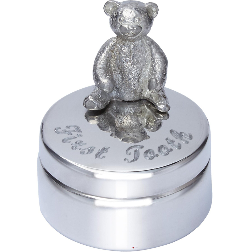 Child's First Tooth Trinket Box Pewter Teddy Bear Sitting On Top Engraved With "First Tooth" On Lid Perfect For Egraving Of Body With Child's Name I Luv Ltd