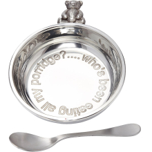 Child's Porridge Bowl and Spoon Pewter Teddy Bear "Whos Been Eating All My Porridge" Porringer with Teddy Handle Perfect for Engraving
