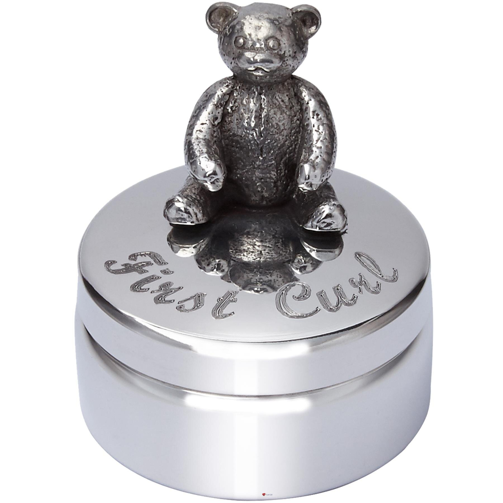Child's First Curl Trinket Box Pewter Teddy Bear Sitting On Top Engraved With "First Curl" On Lid Perfect For Egraving Of Body With Child's Name I Luv Ltd