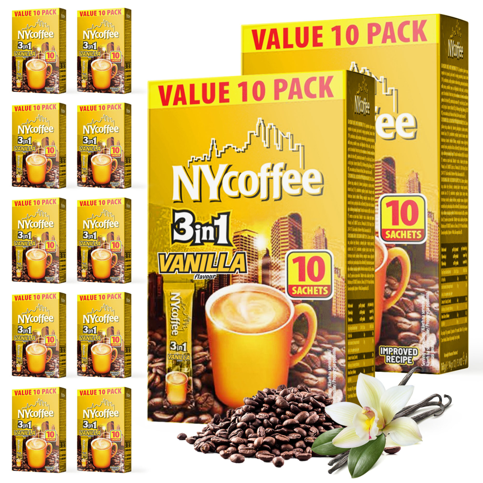 100pk Bulk NY 3 in 1 Coffee Sachets Vanilla Latte, Case Pack 10 x 10