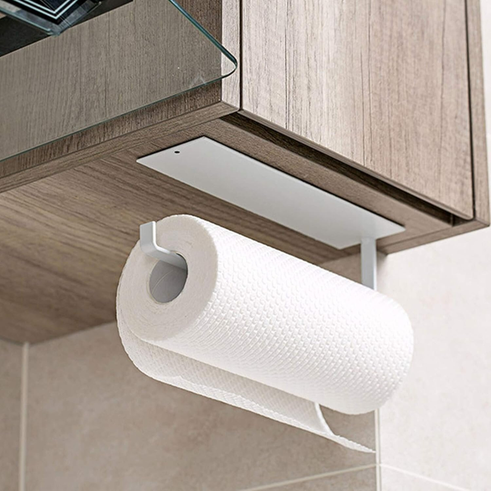 Kitchen Roll Holder Paper Rack Wall Mounted Toilet Roll Holder,Napkins Storage Holder Under Cabinet Towel Roll Holder Self  No Drilling Required White