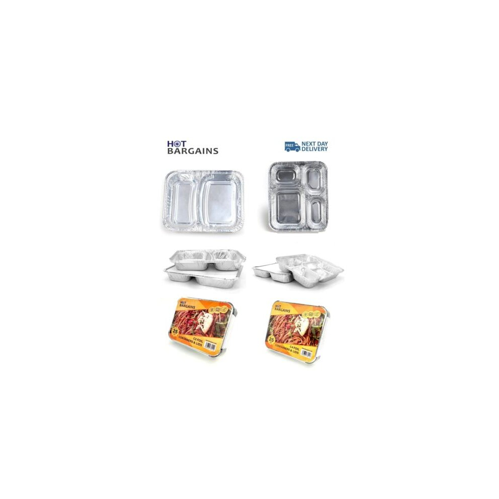 (4 Compartment + Lids, 50) Aluminum Foil Food Containers with Lids Food Storage 2 & 4 Compartment Container