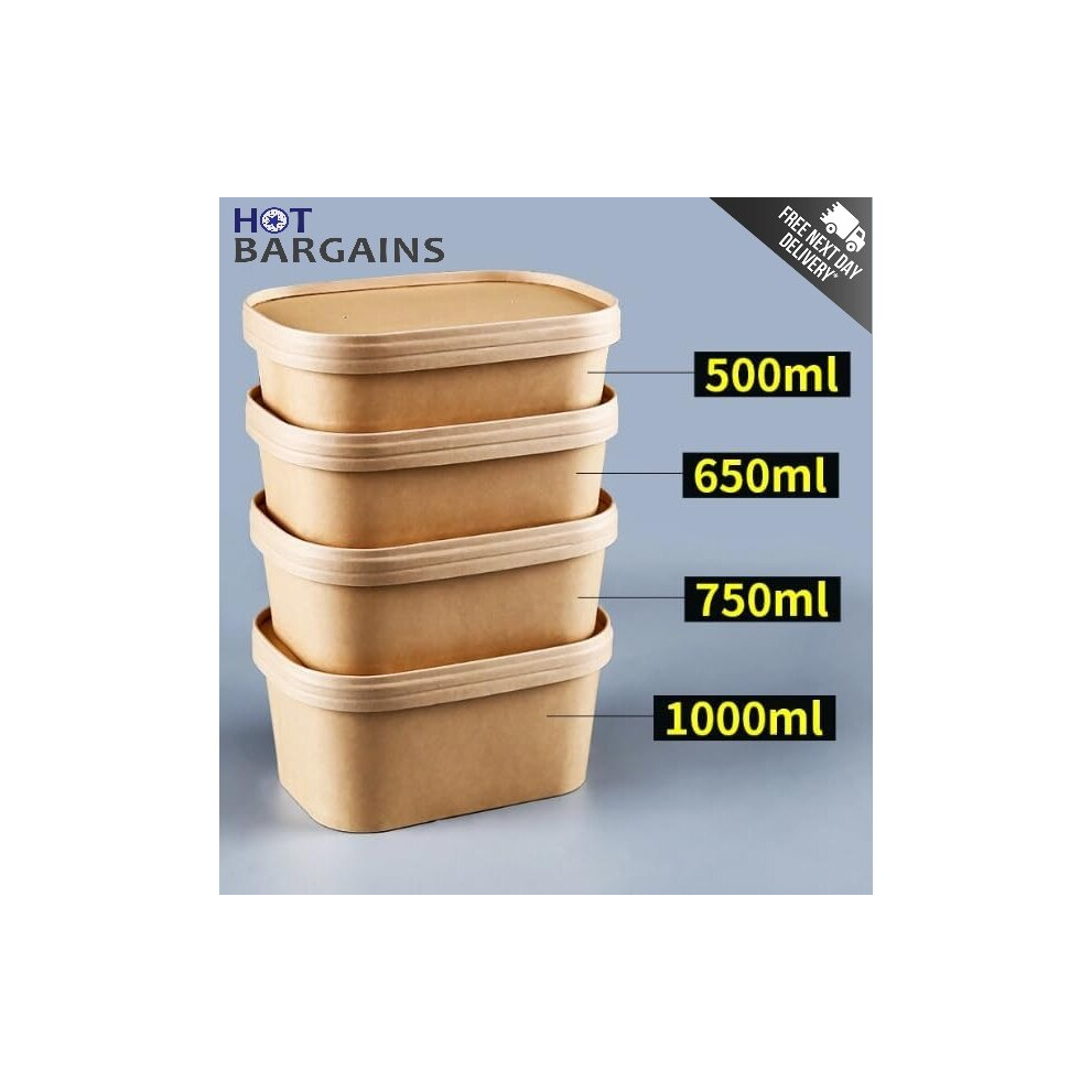(1000 ml, 300) Kraft Paper Disposable Container with Paper Lids High Quality Take Away Paper Lunch Box Food Container for Restaurant & Cafe