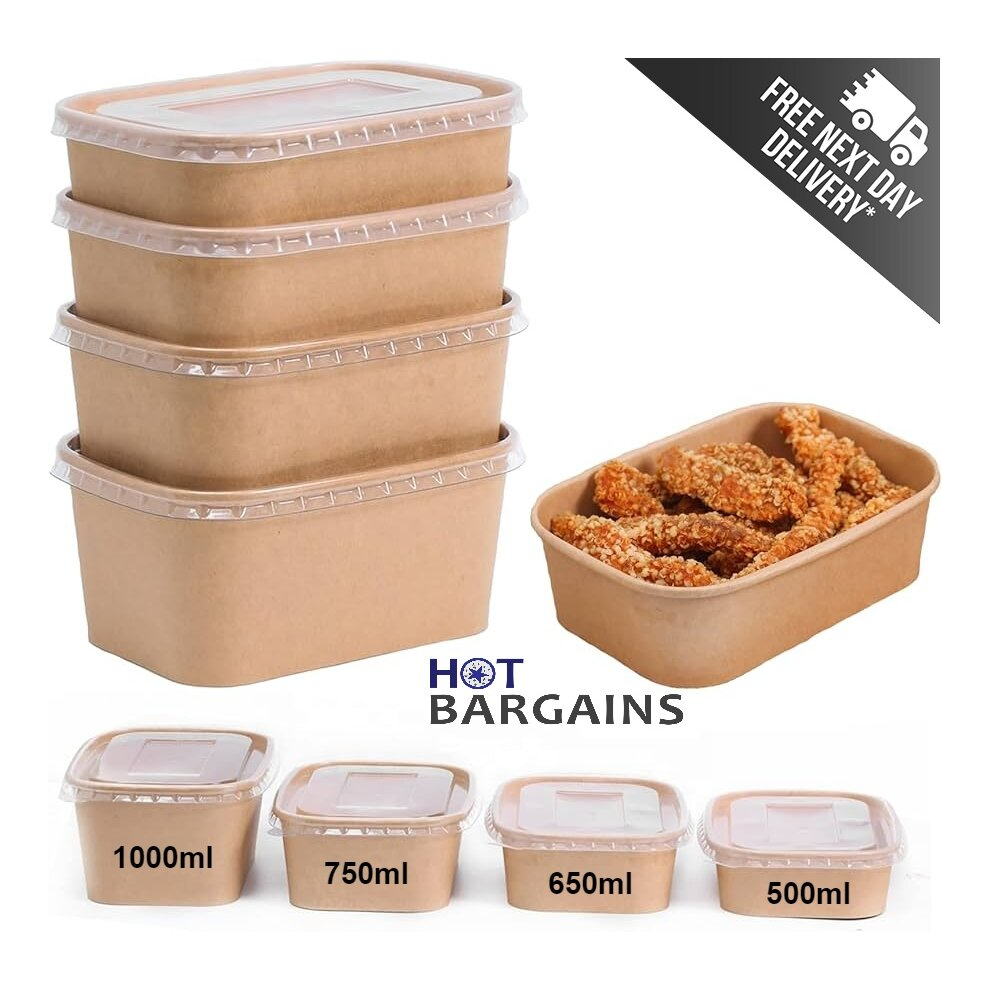 (750 ml, 300) Kraft Paper Disposable Container with Plastic Lids High Quality Take Away Paper Lunch Box Food Container for Restaurant & Cafe