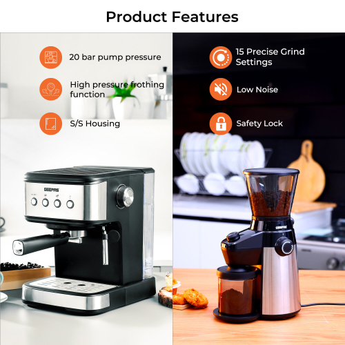 (Silver & Black) Geepas Coffee Machine &Conical Burr Coffee Grinder on