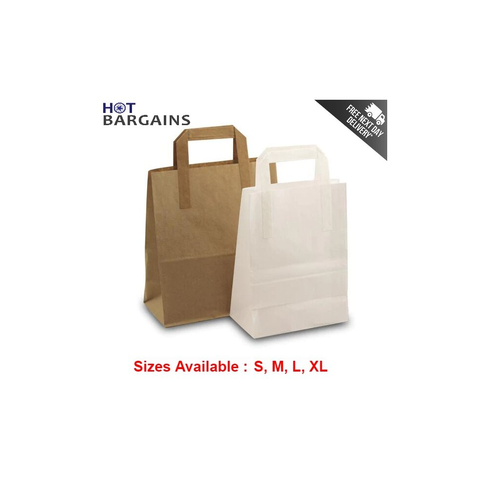 Hot Bargains (Brown, 50 X Medium 21X11x25cm) Kraft Disposable Brown / White Paper Bag Food Carrier Paper Bags Perfect For Shopping, Lunch, Gift, Picnic