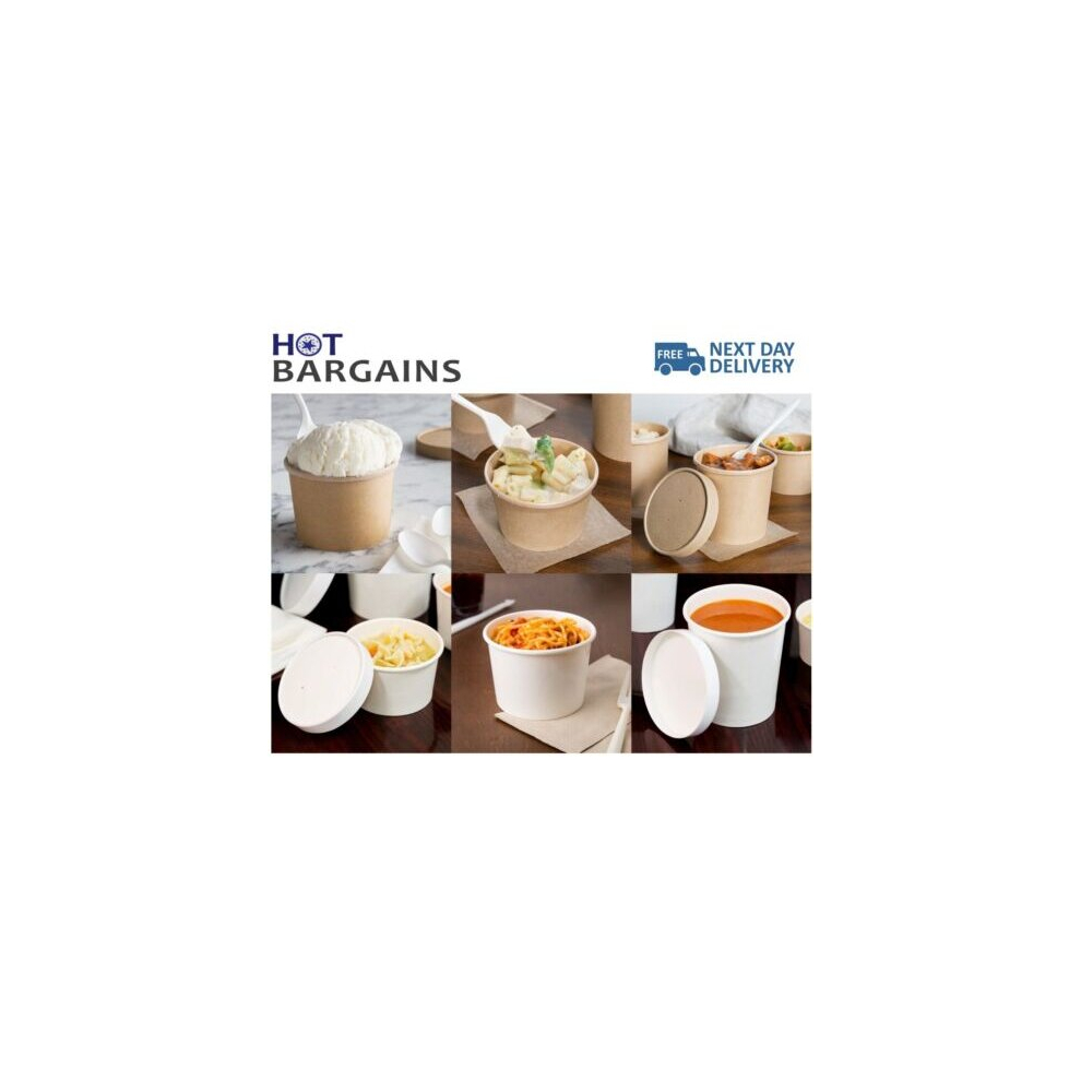 (12 White, 100) Disposable Soup Bowl Cup Containers with Lids Kraft / White Takeaway Tubs Deli