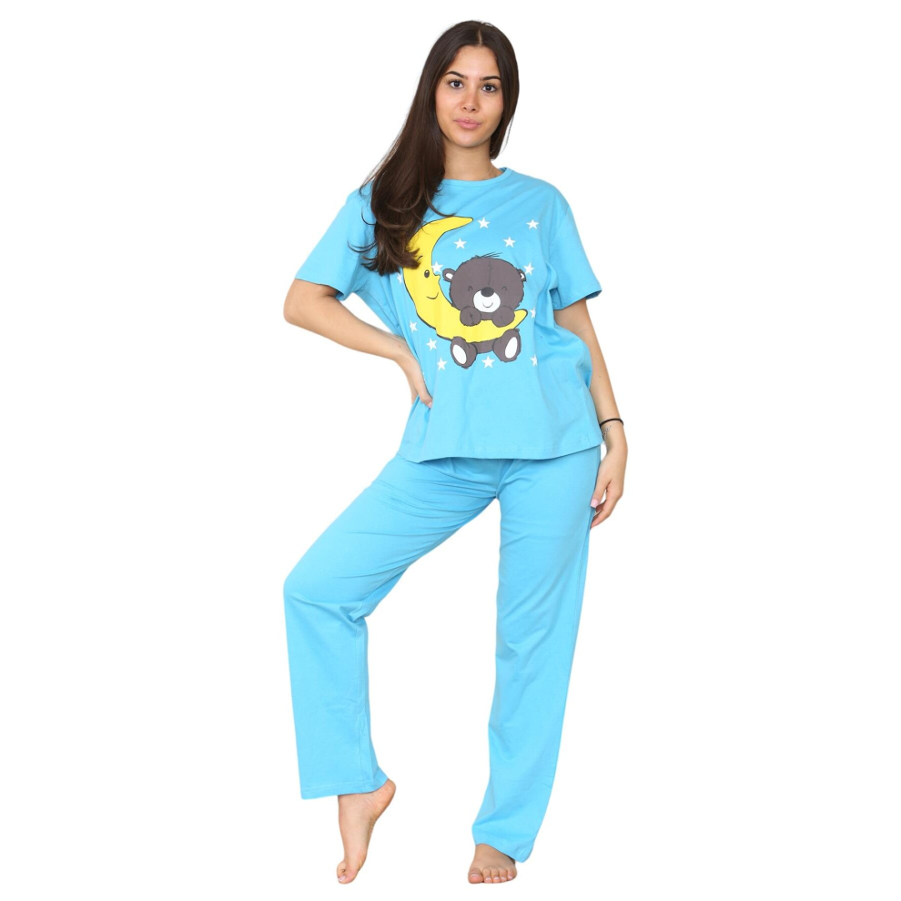 (Blue, L) Malay Ladies Pyjama Set Stars Moon Teddy Short Sleeve Cotton Loungewear PJs M to XXL