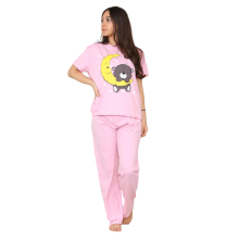 (Pink, L) Malay Ladies Pyjama Set Stars Moon Teddy Short Sleeve Cotton Loungewear PJs M to XXL