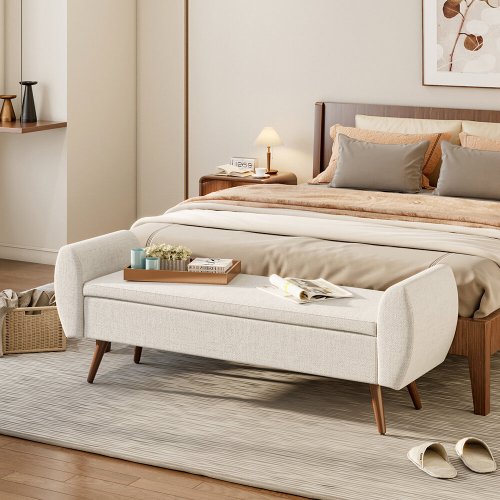 Living And Home (Beige) Linen Upholstered Storage Bench 1