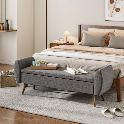 Living And Home (Grey) Linen Upholstered Storage Bench 1