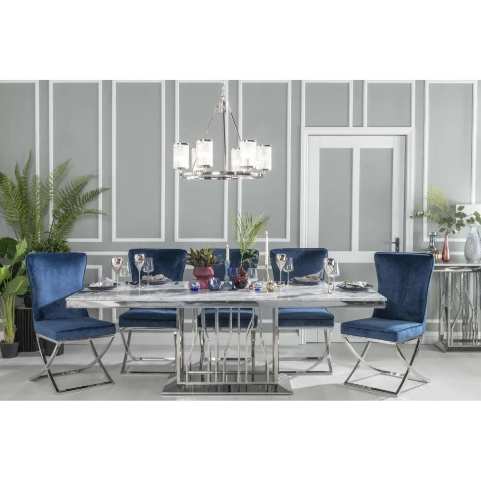 Grey Faux Marble and Chrome 8-10 Seater Rectangular Dining Table -220cm