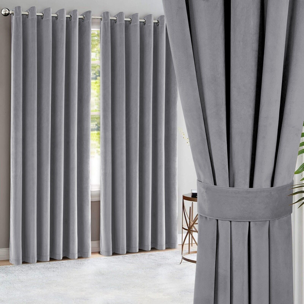 (Grey, 66"x90") Heavy Velvet Curtains Eyelet Ring