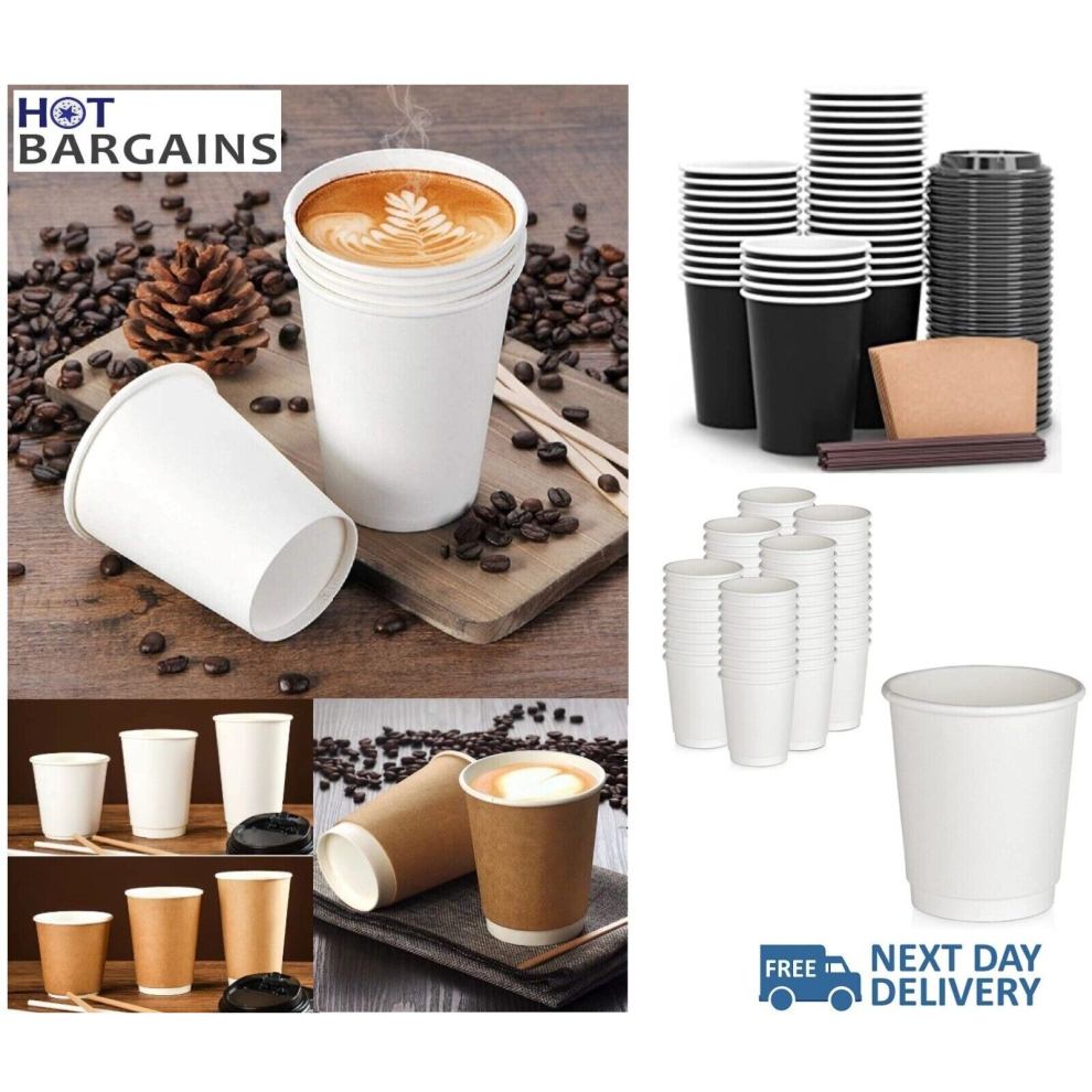 (Hot Bargains) Disposable Coffee Cups & Lids Double Wall Black/Brown/White Cups 8oz/12oz/16oz