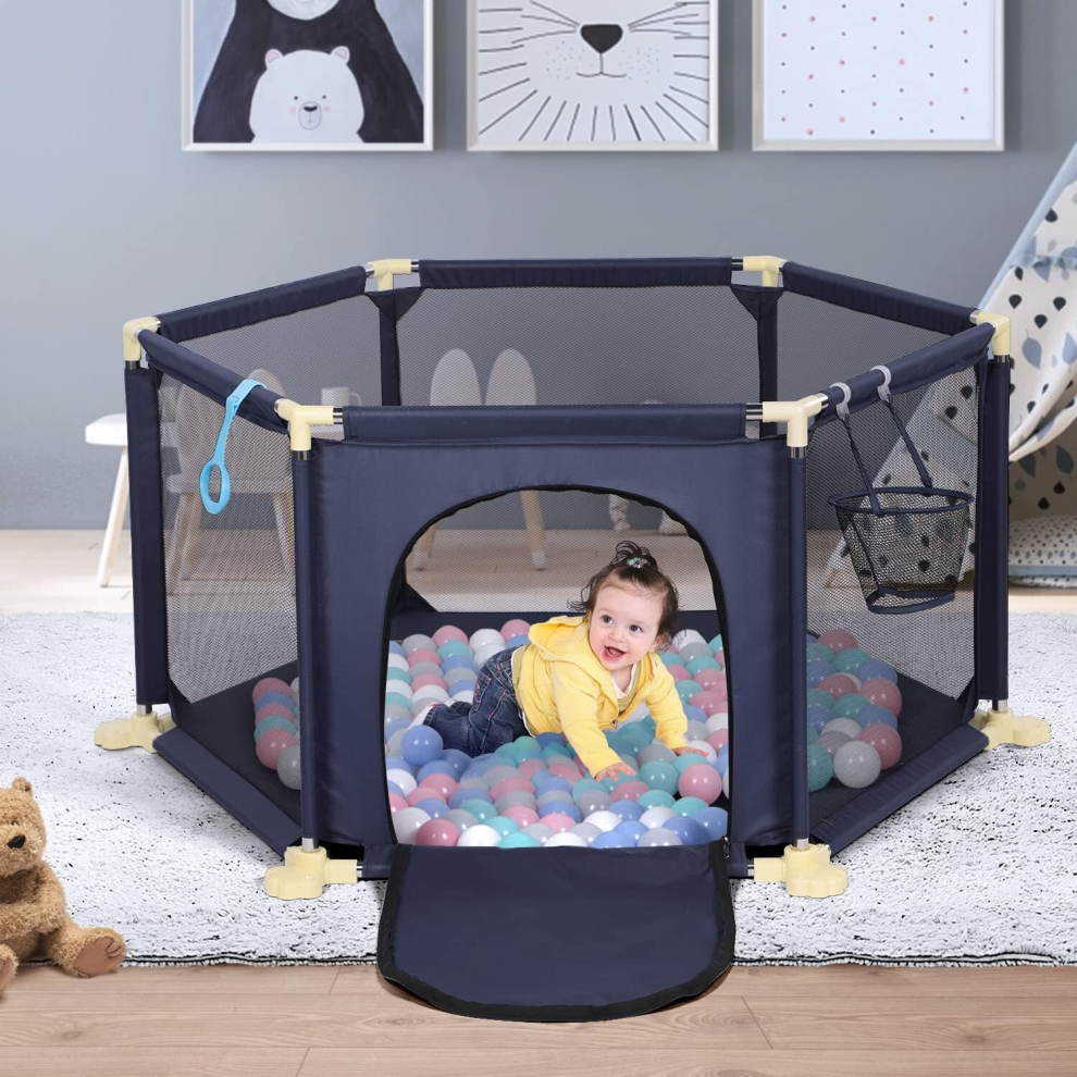 (Blue) Baby Playpen 6 Panel Portable Anti-Slip Safety Play Yard