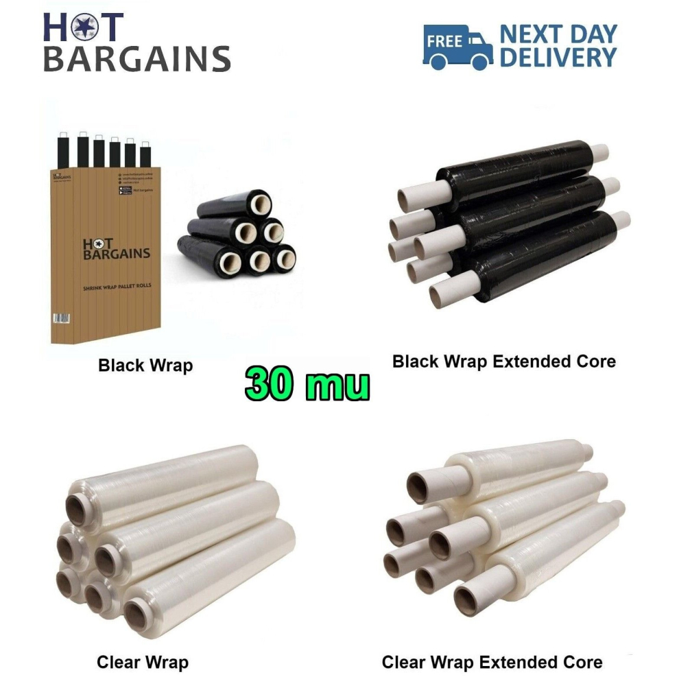 (Hot Bargains) Pallet Wrap Stretch Shrink Clear & Black Wrap Cling Film 400mm, 30mu Roll Extend