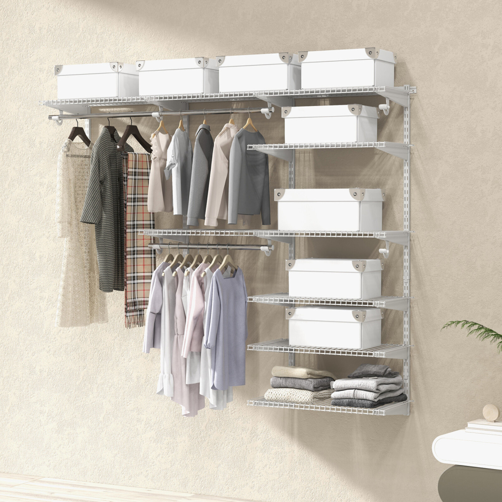 Wall Mounted Closet Adjustable Clothing Rails w/ Shelves & Hanging Rods