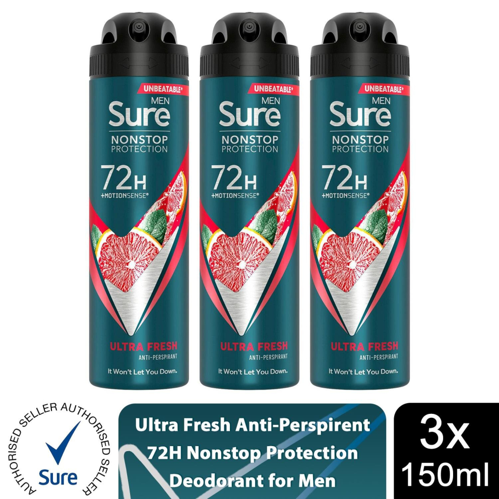 Sure Men's White Protection 72H 'Anti-Perspirant Deodorant' Ultra Fresh, 3X150ml In - Image 4