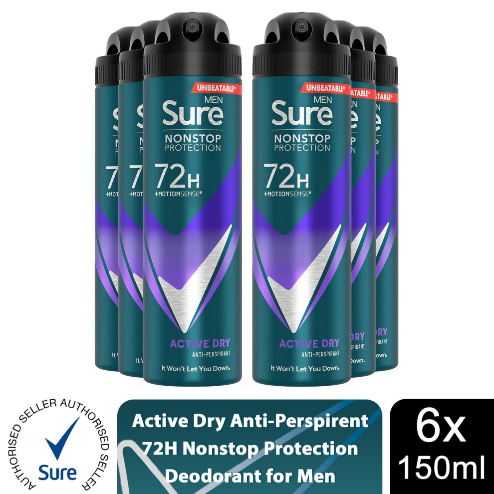Sure Men 72H Protection 'Anti-Perspirant Deodorant' Active Dry, 6x150ml in White - Image 3