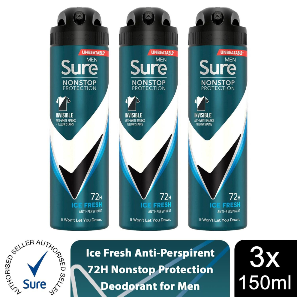 Sure Men Nonstop Protection 'Antiperspirant Deo' Ice Fresh, 3x150ml in White - Image 4