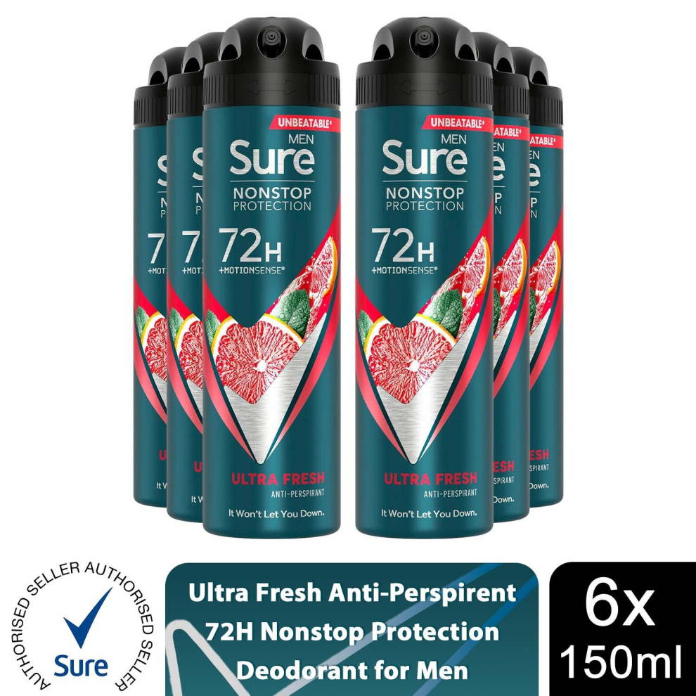 Sure Men Nonstop Protection Ultra Fresh Deodorant Body Spray Antiperspirant with a fruity scent & body heat activated technology for 72 hour odour and sweat protection 150 ml, Pack of 6 - Image 5