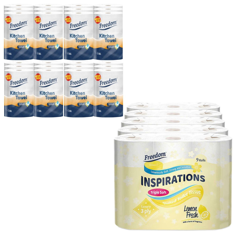 Freedom Lemon Toilet Paper 3 Ply with 4x Luxury Kitchen Towel Roll