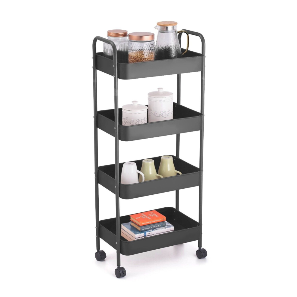 (4 Tier Black) Shelf Plastic Slim Storage Trolley Cart Castor Wheels Kitchen Organiser