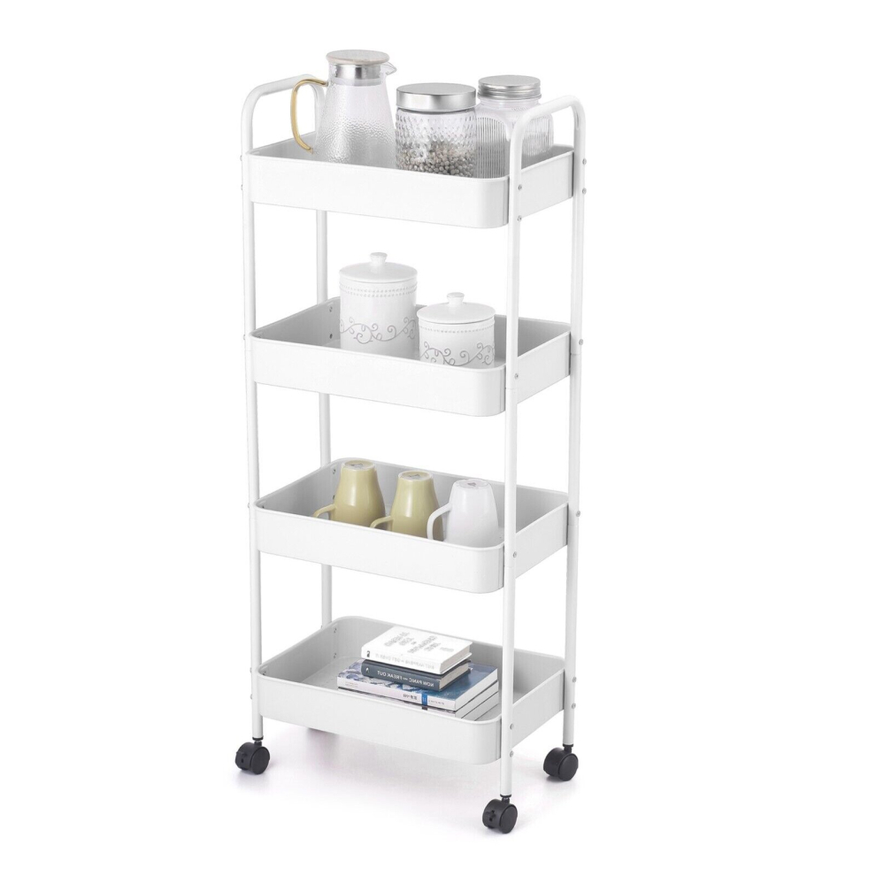 (4 Tier White) Shelf Plastic Slim Storage Trolley Cart Castor Wheels Kitchen Organiser