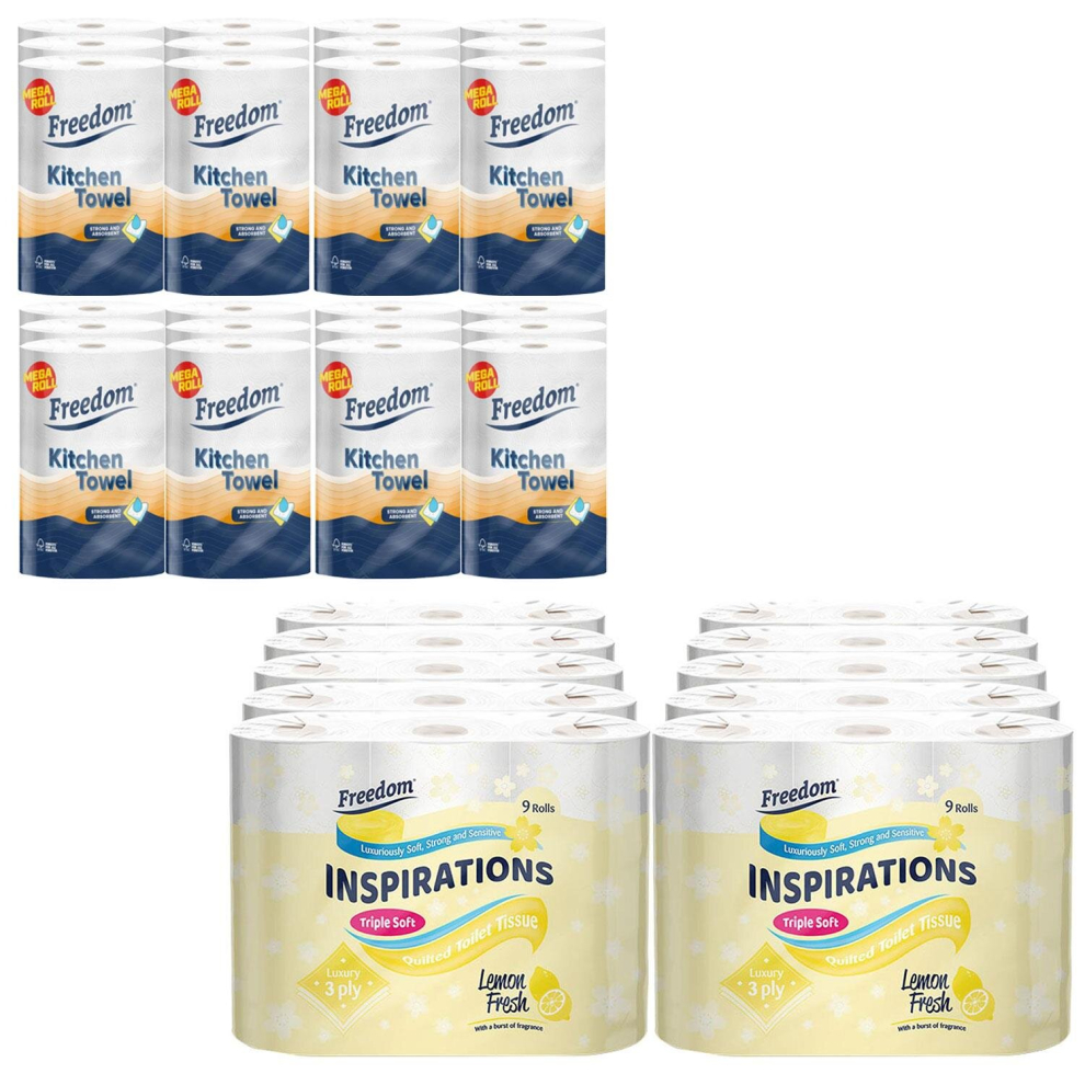 Freedom Lemon Toilet Paper 3 Ply with 4x Luxury Kitchen Towel Roll