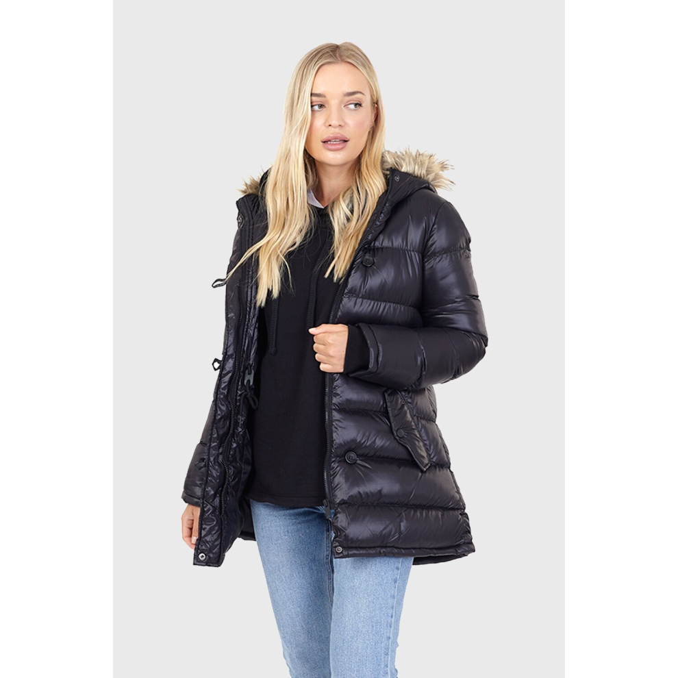 (UK 8) BRAVE SOUL puffer style faux fur hooded jacket in black