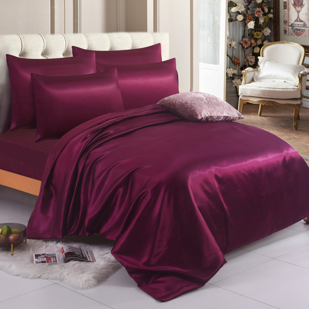 (Single, Burgundy) 6PCS SATIN BEDDING SET DUVET COVER FITTED SHEET 4 PILLOW CASES