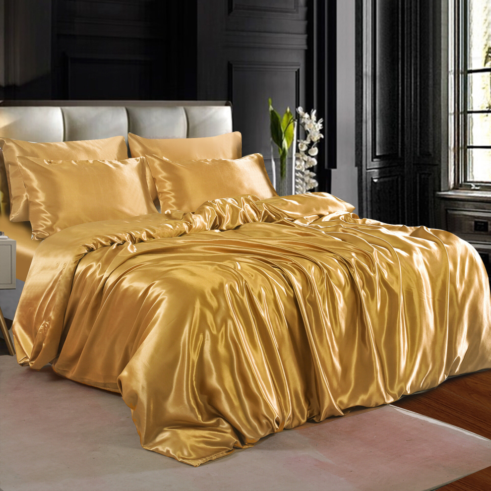 (Double, Dull Gold) 6PCS SATIN BEDDING SET DUVET COVER FITTED SHEET 4 PILLOW CASES