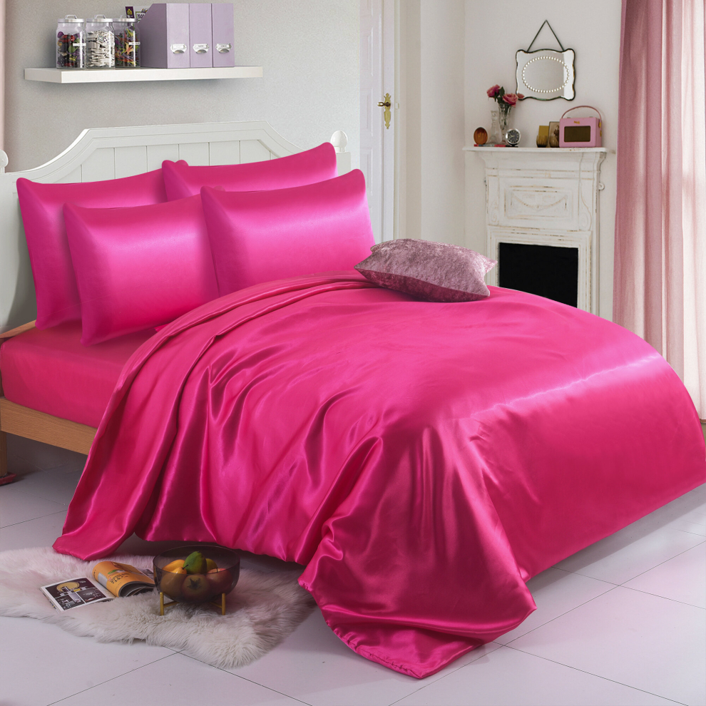 (Double, Fuchsia) 6PCS SATIN BEDDING SET DUVET COVER FITTED SHEET 4 PILLOW CASES