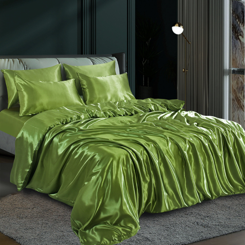 (Double, Olive Green) 6PCS SATIN BEDDING SET DUVET COVER FITTED SHEET 4 PILLOW CASES