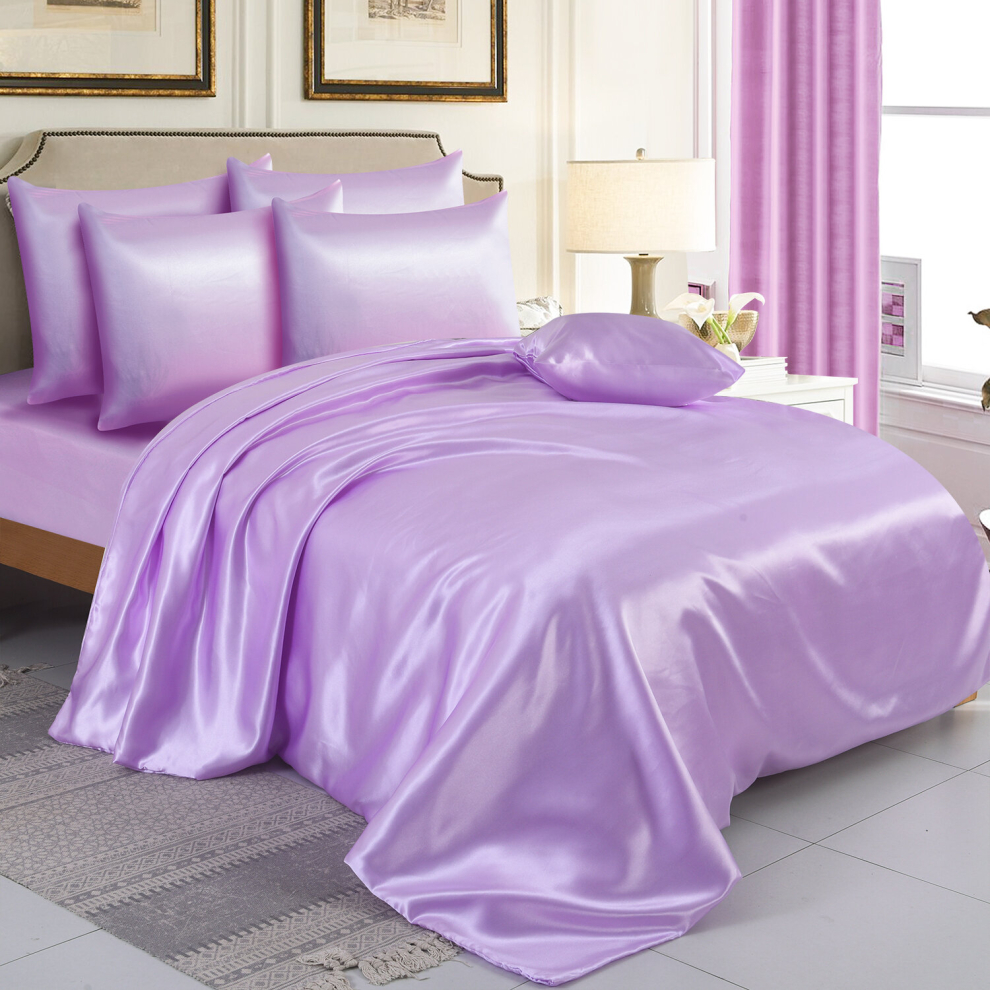 (Double, Lilac) 6PCS SATIN BEDDING SET DUVET COVER FITTED SHEET 4 PILLOW CASES