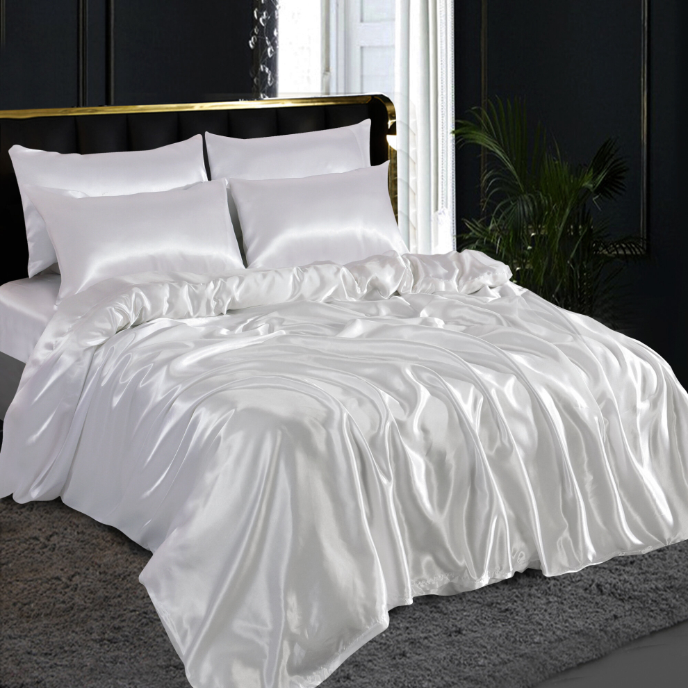 (King, White) 6PCS SATIN BEDDING SET DUVET COVER FITTED SHEET 4 PILLOW CASES