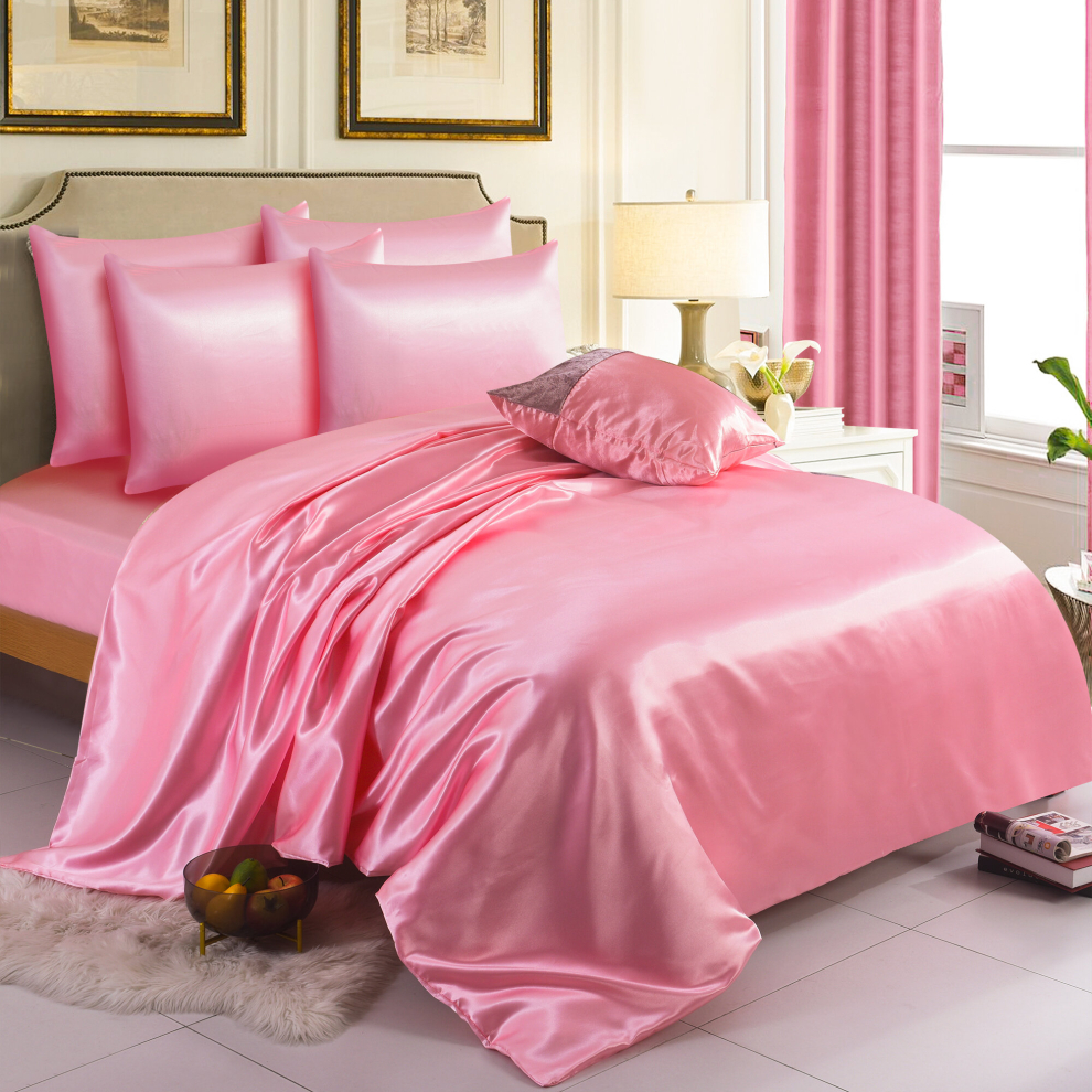 (Single, Baby Pink) 6PCS SATIN BEDDING SET DUVET COVER FITTED SHEET 4 PILLOW CASES