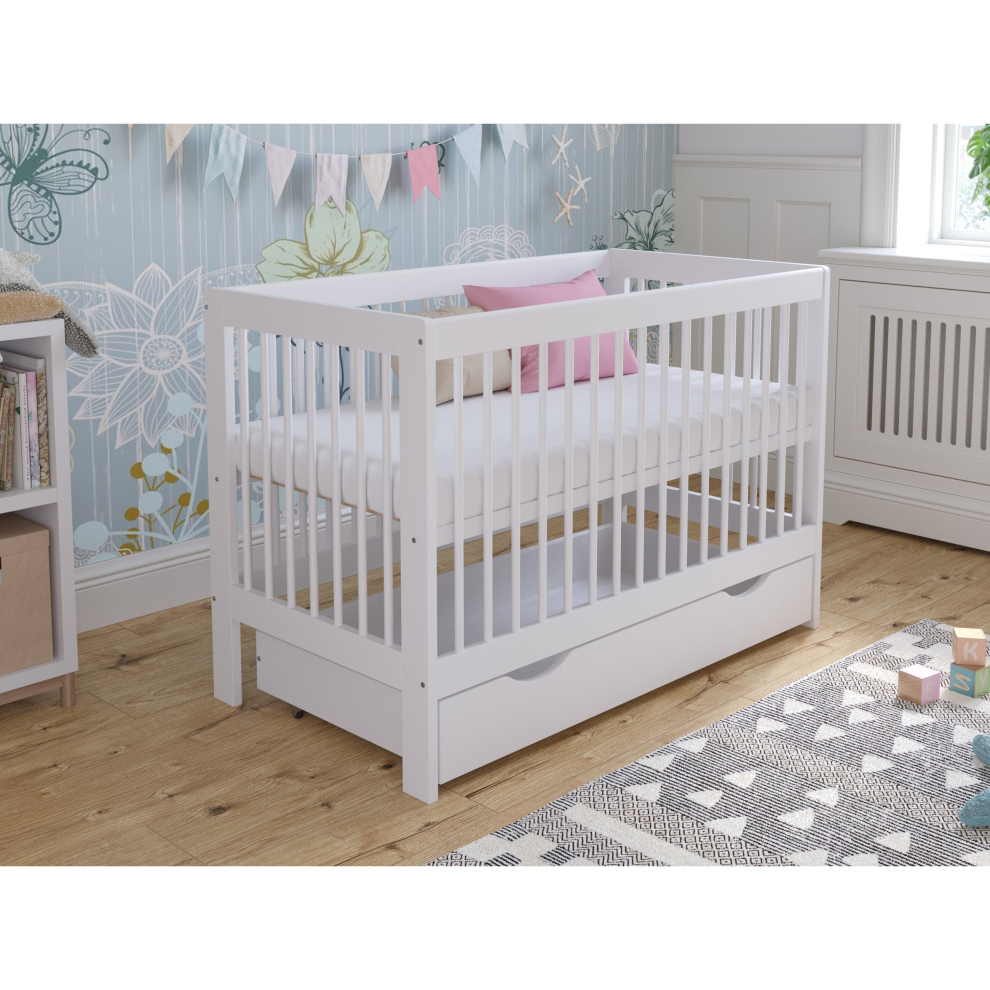 (White) Luca | Cot Bed 120x60cm with drawer & mattress