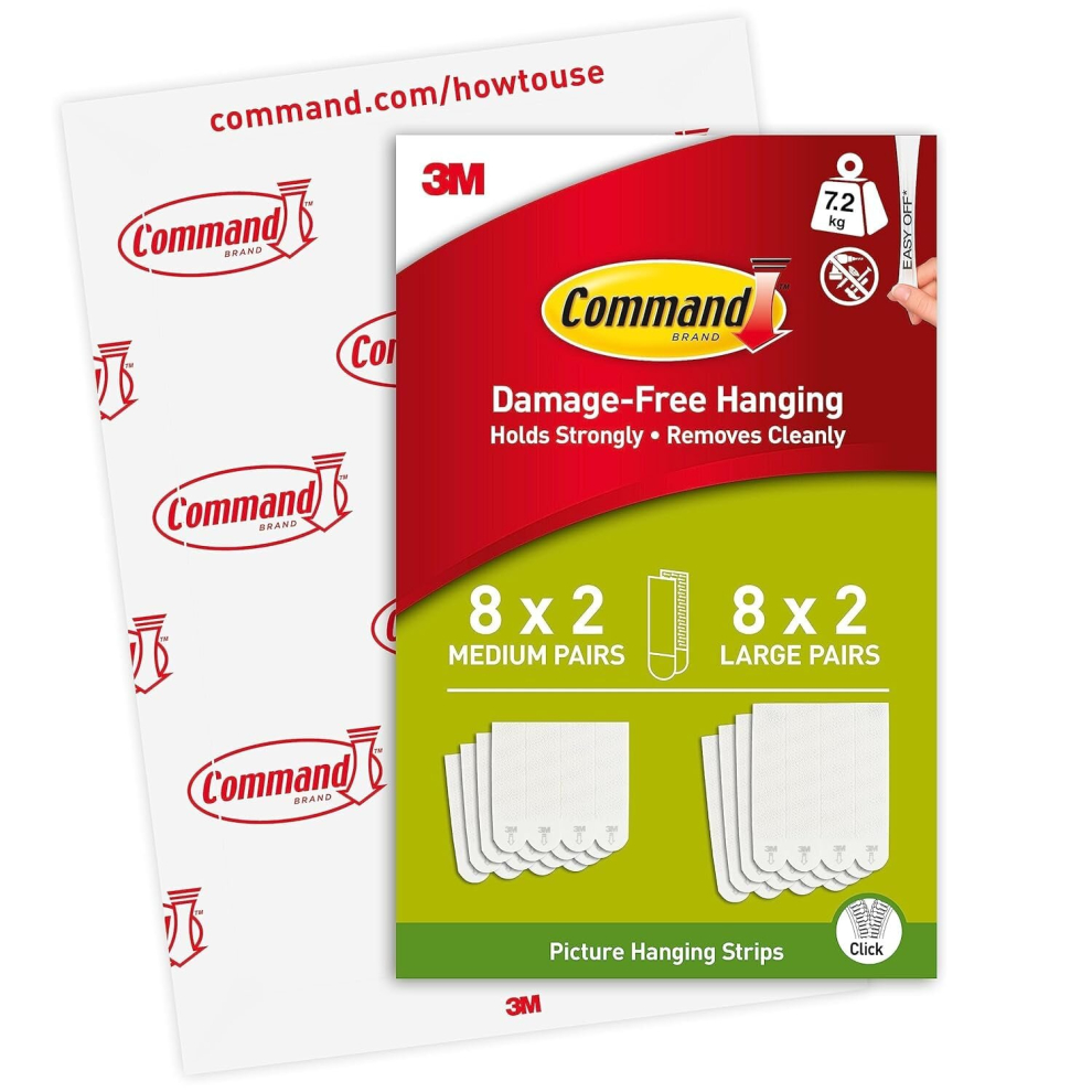 Command Picture Hanging Strips Value Pack  8 x 2 Medium and 8 x 2 Large Adhesive Strips For Pictures Frames Mirrors Wall décor Damage Free Hanging