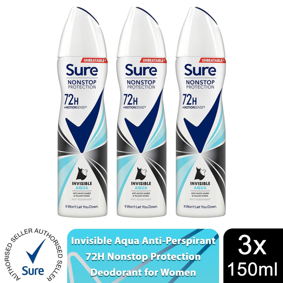 Sure (Buy 3, Invisible Aqua) Women 72H Anti-Sweat Anti-Perspirant, 150Ml