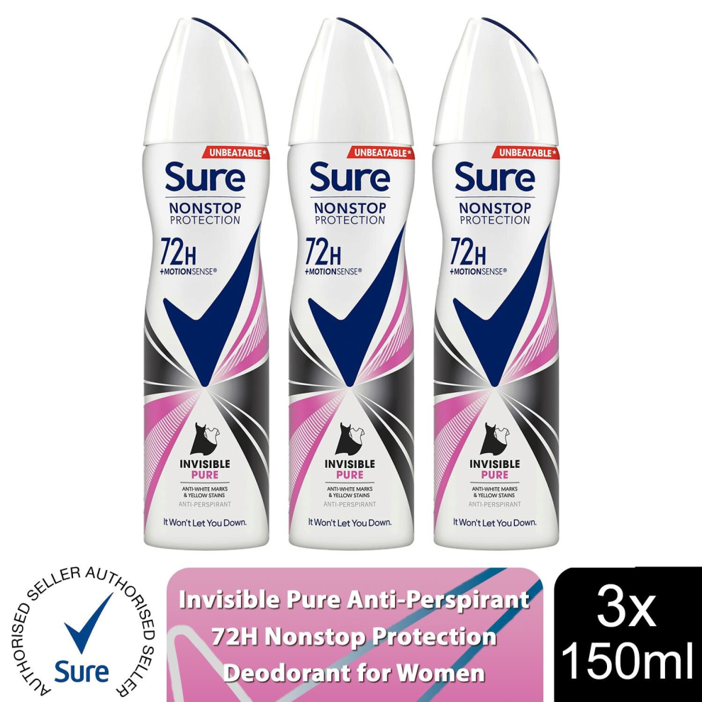 Sure (Buy 3, Invisible Pure) Women 72H Anti-Sweat Anti-Perspirant, 150Ml