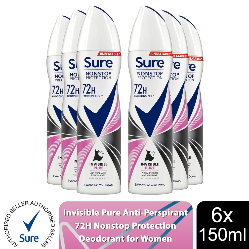 Sure Women's White 'Anti-Perspirant' 72H Protection Deo Invisible Pure, 6X150ml In - Image 3