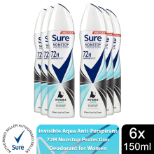 (Buy 6, Invisible Aqua) Sure Women 72H Anti-Sweat Anti-Perspirant, 150ml
